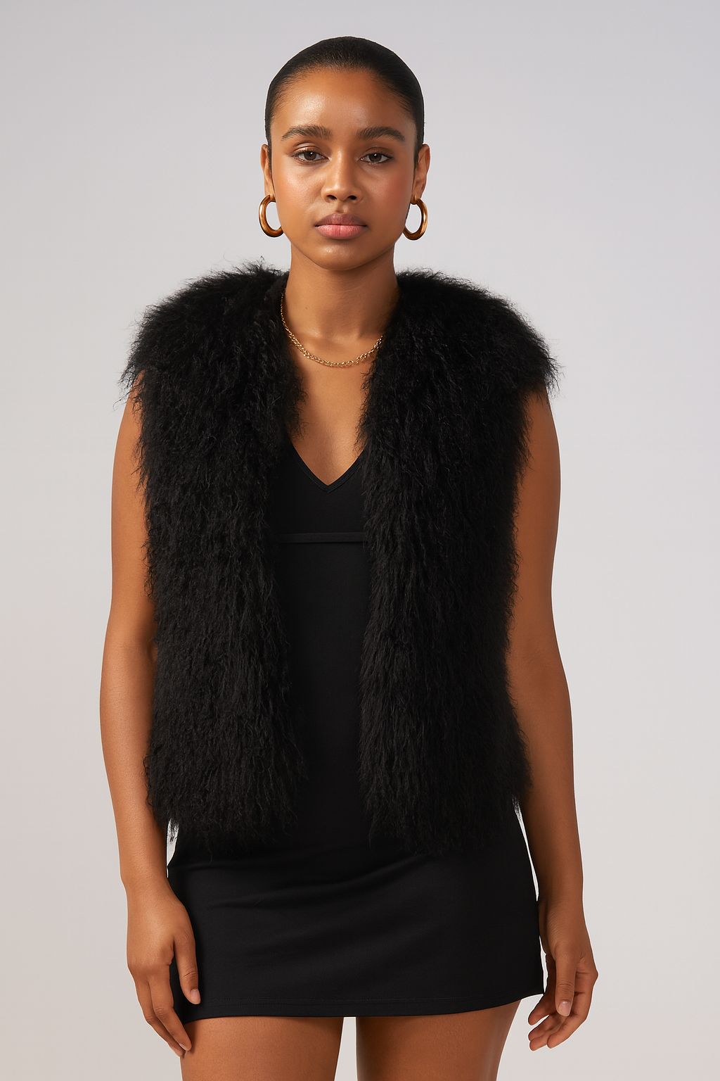 Black Mongolian Wool Backless Halter Vest