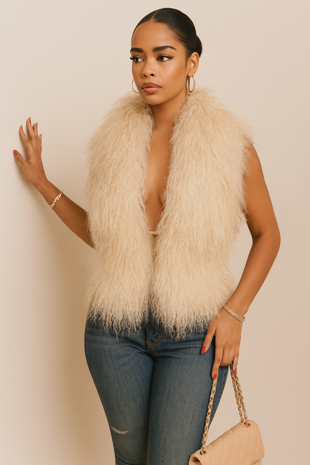 Beige Mongolian Wool Backless Halter Vest
