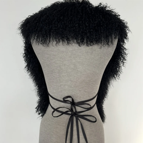 Black Mongolian Wool Backless Halter Vest