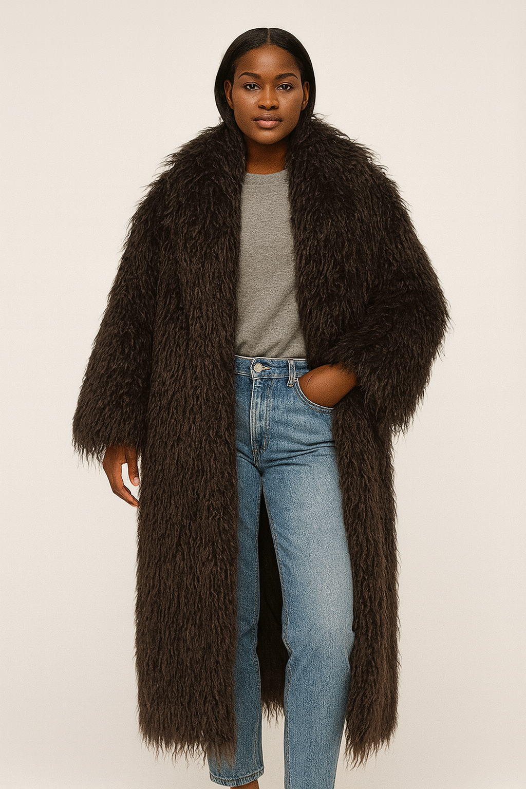 Black Shaggy Long Faux Fur Coat