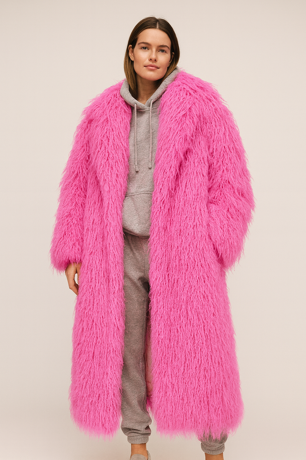 Bubblegum Pink Faux Fur Shaggy Long Coat