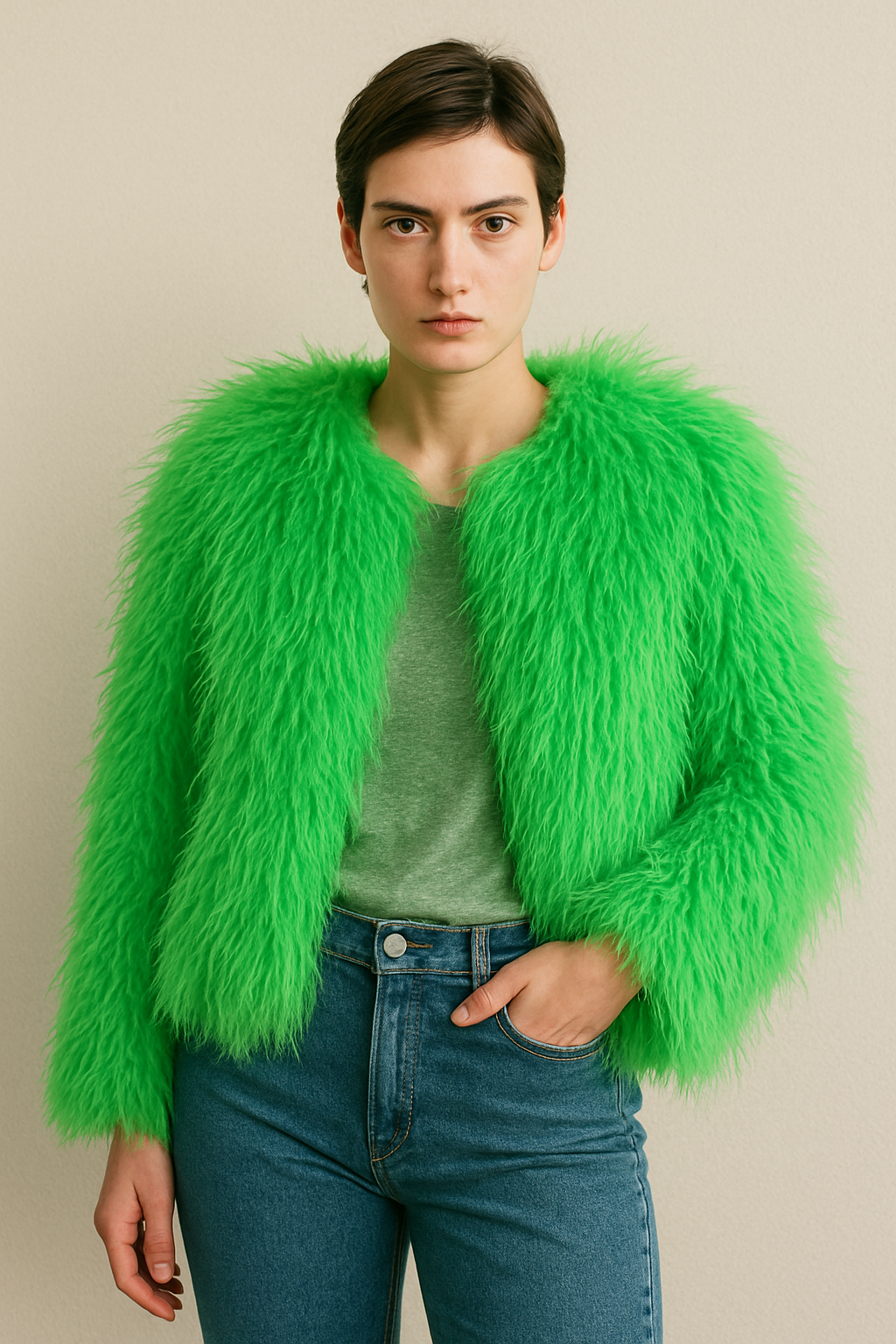 LIme Green Shaggy Faux Fur Cropped Jacket