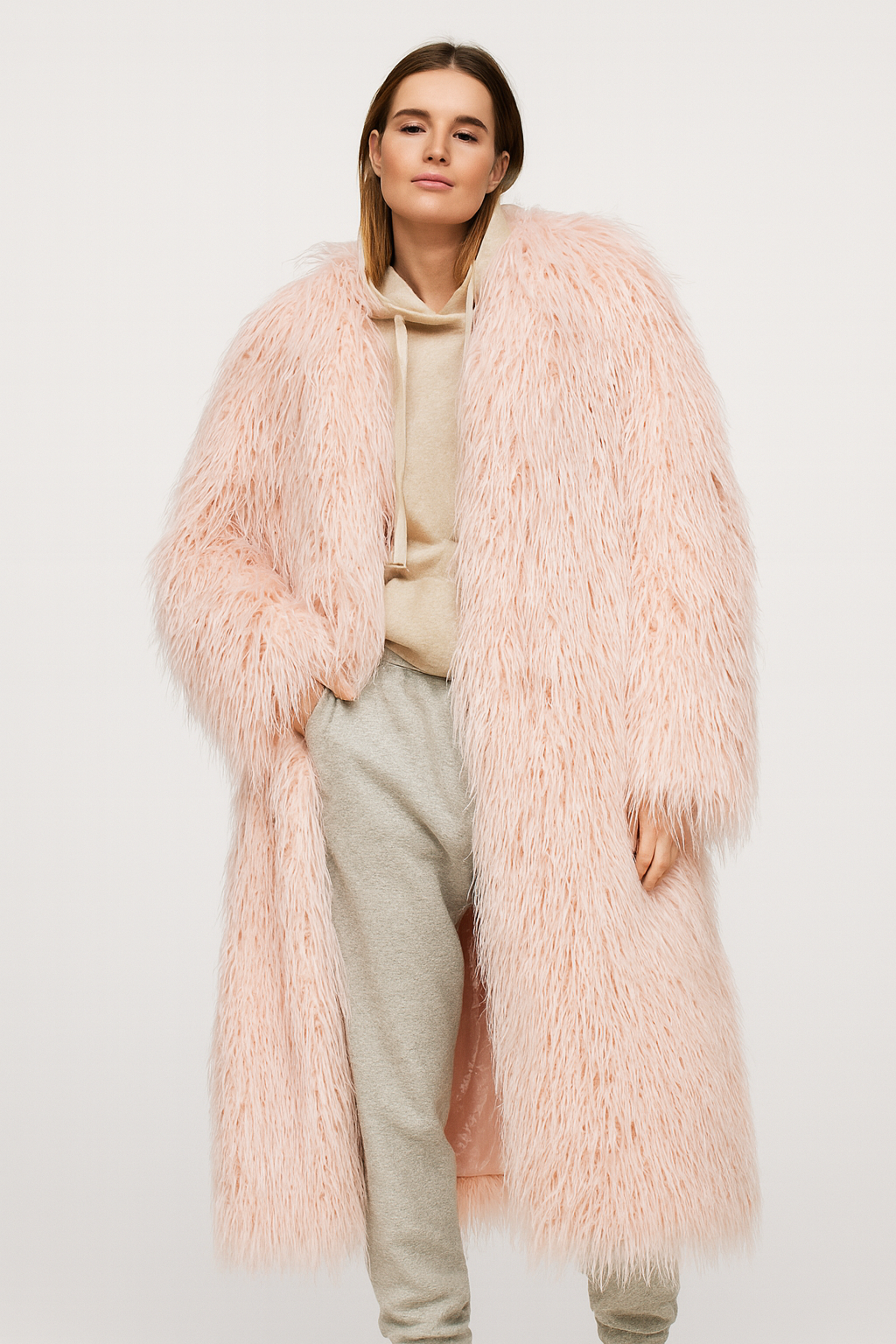 Pastel Pink Shaggy Faux Fur Long Coat