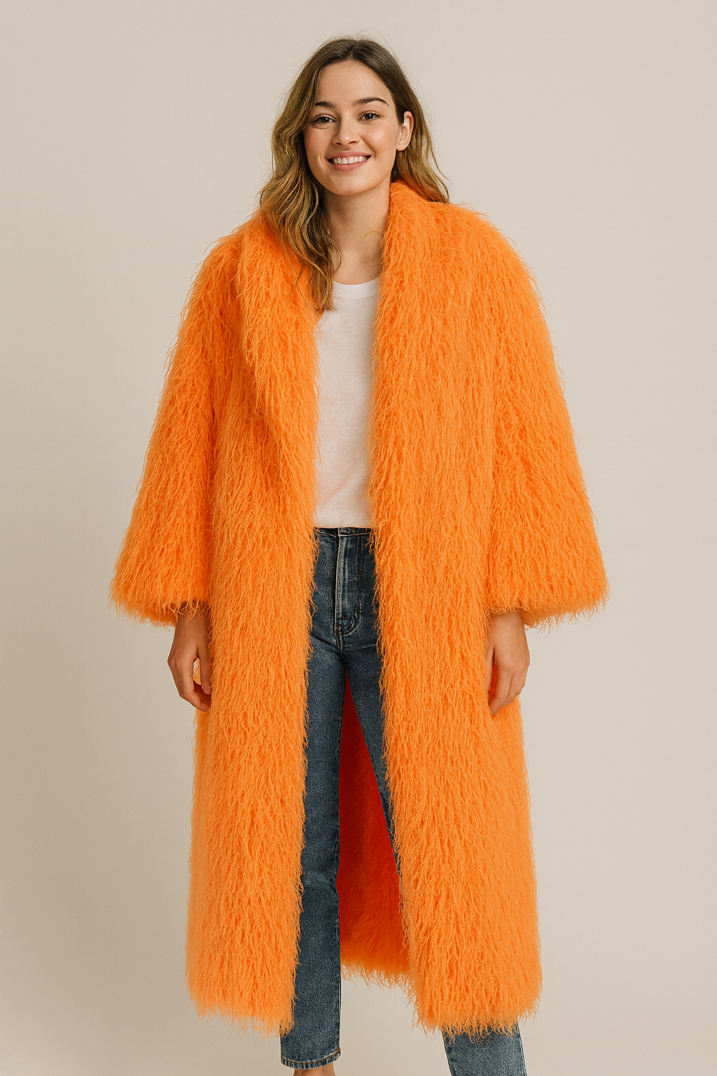 Pumpkin Spice Shaggy Faux Fur Long Coat