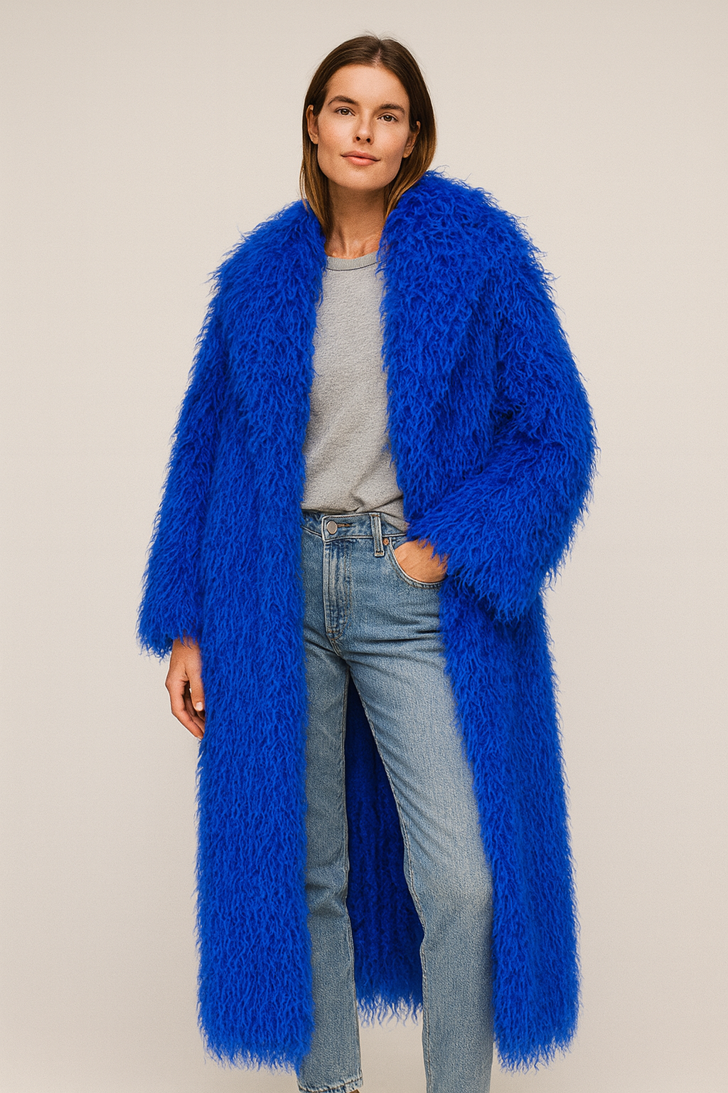 Royal Blue Long Shaggy Faux Fur Coat