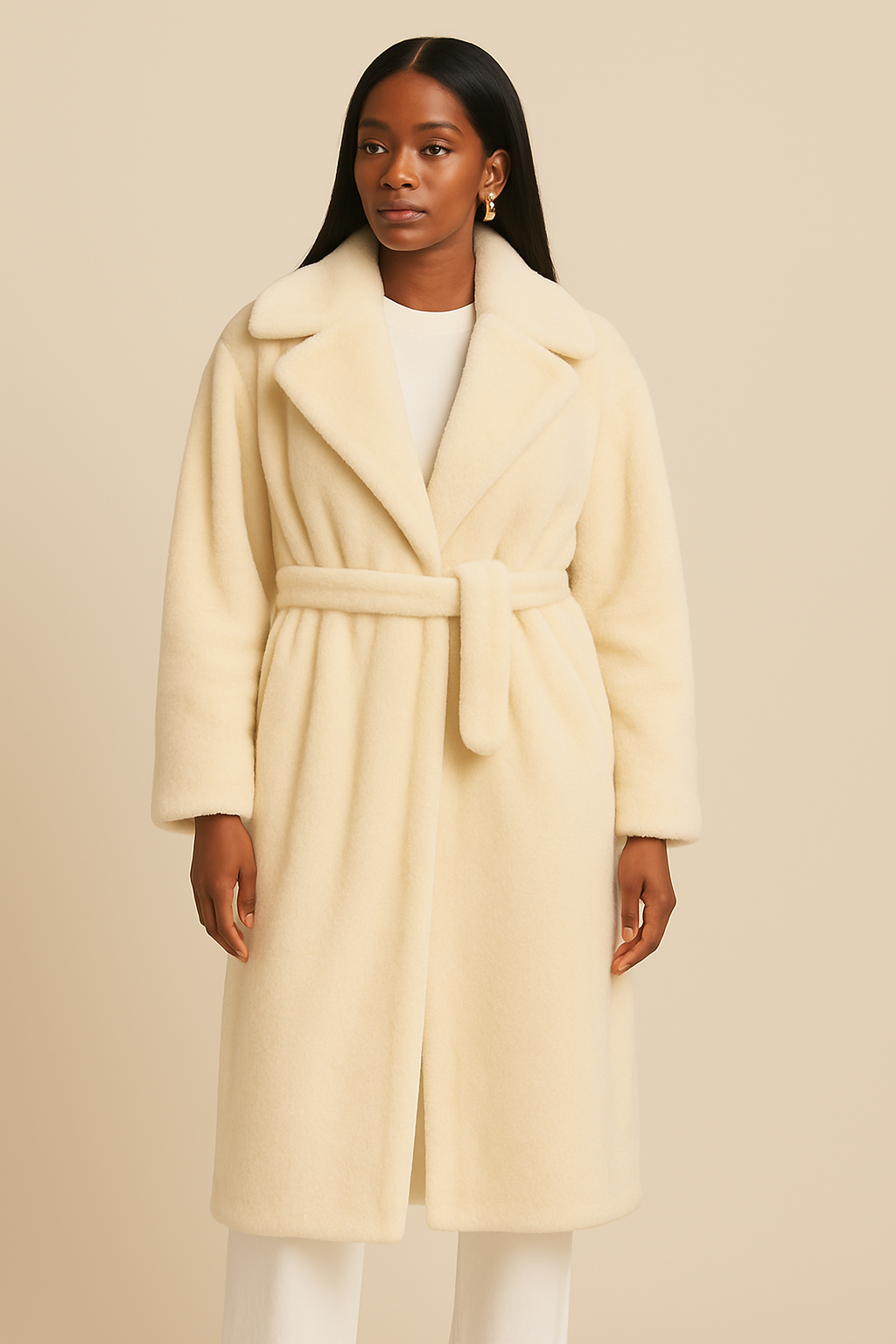 Plush Cream Faux Fur Long Belted Coat – Women’s Luxury Winter Outerwear