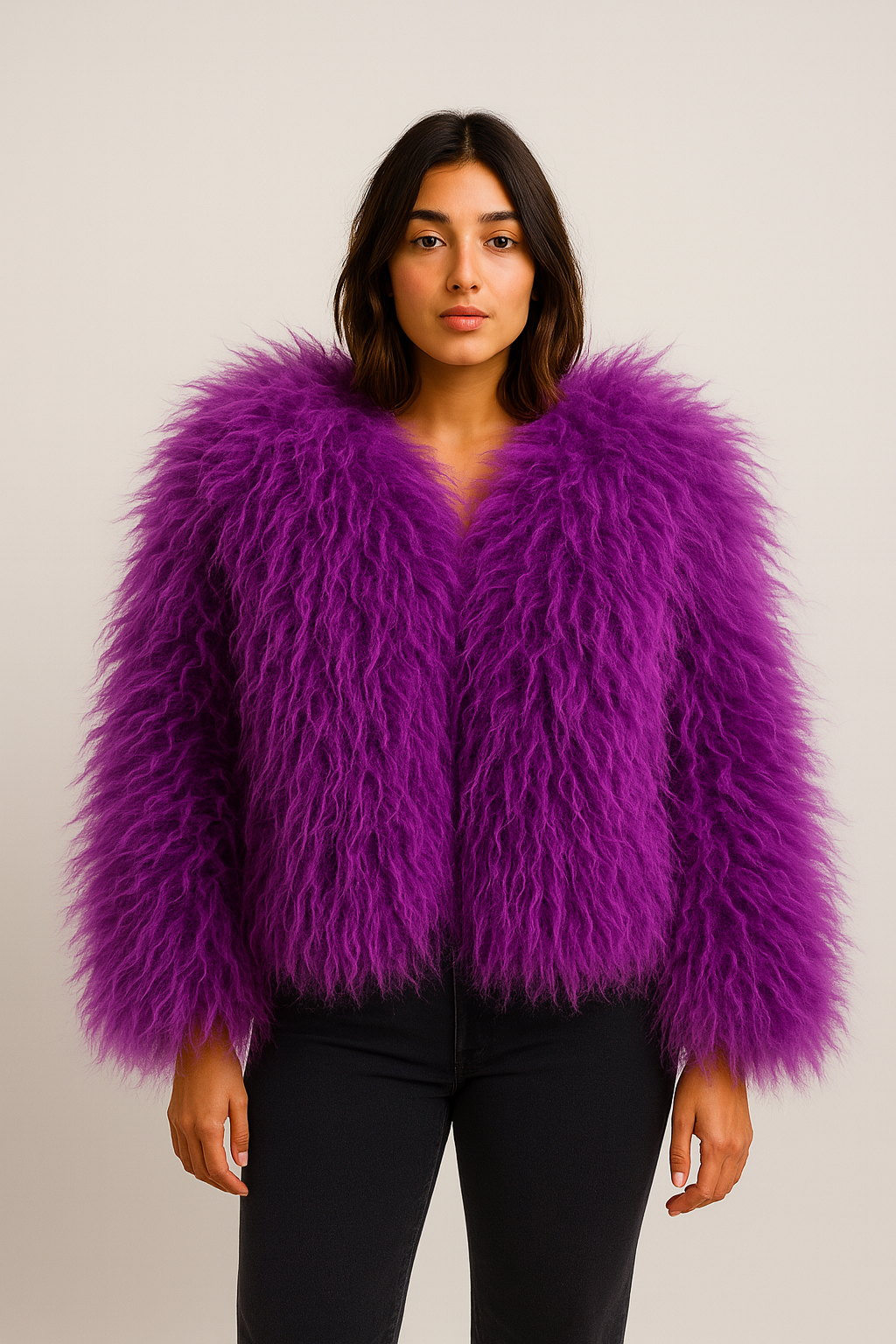 Purple Grape Faux Fur Shaggy Cropped Jacket