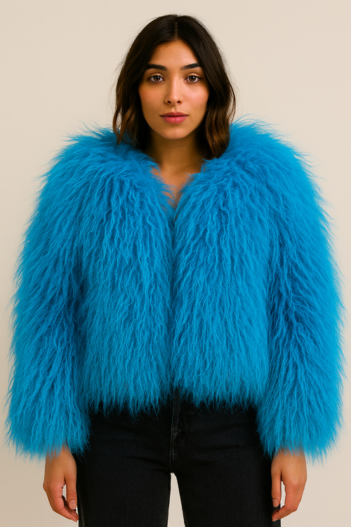 Blue Powder Puff Faux Fur Shaggy Cropped Jacket