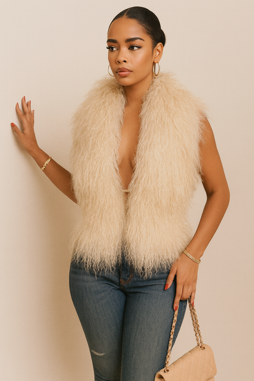 Beige Mongolian Wool Backless Halter Vest