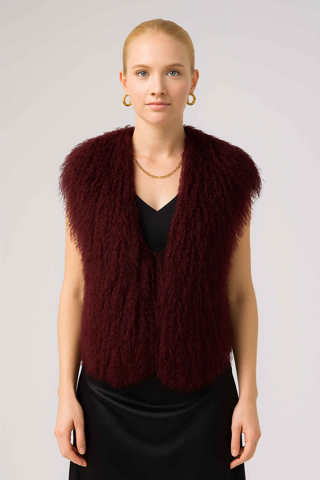 Claret Burgundy Mongolian Wool Halter Vest