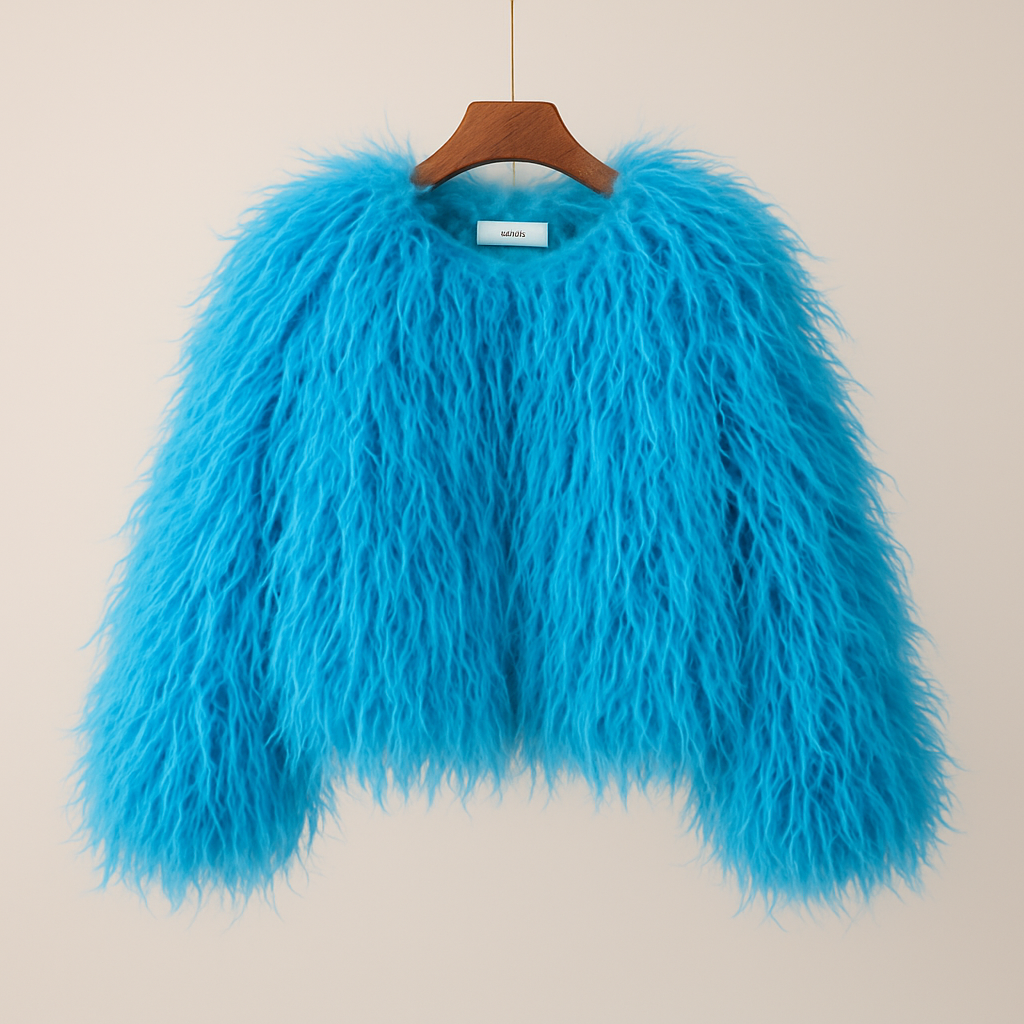Blue Powder Puff Faux Fur Shaggy Cropped Jacket