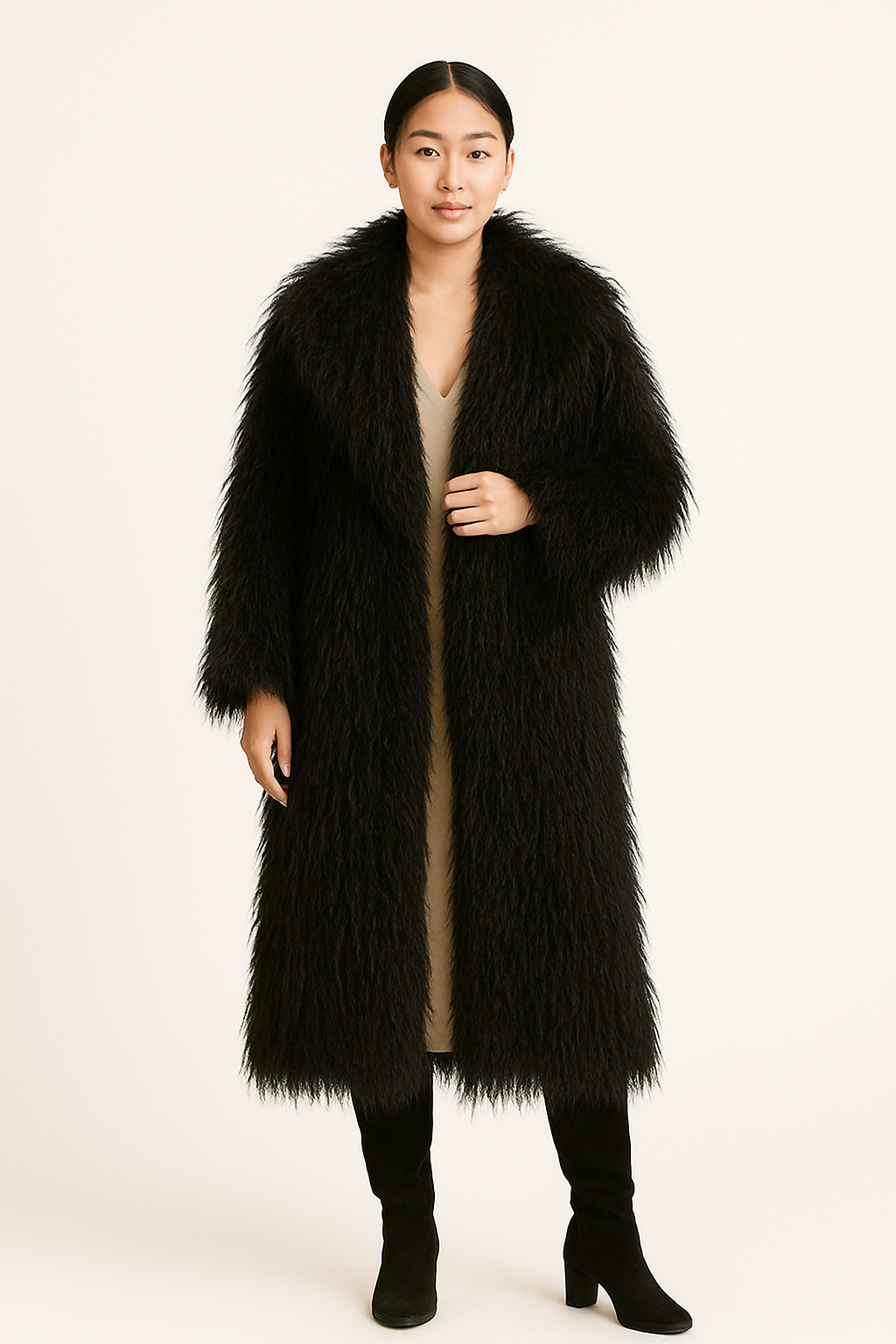 Black Shaggy Long Faux Fur Coat