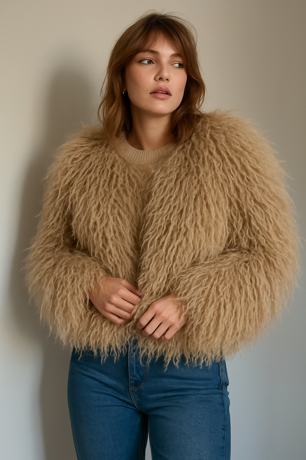 Camel Shaggy Cropped Jacket