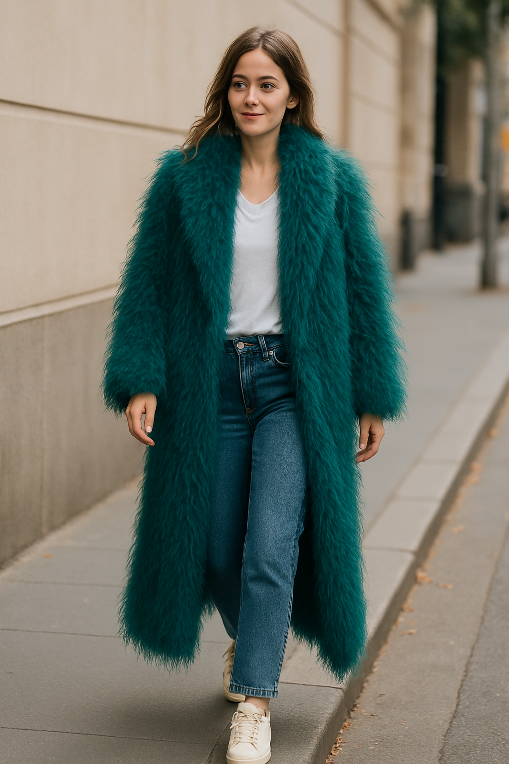Teal Faux Fur Shaggy Long Coat