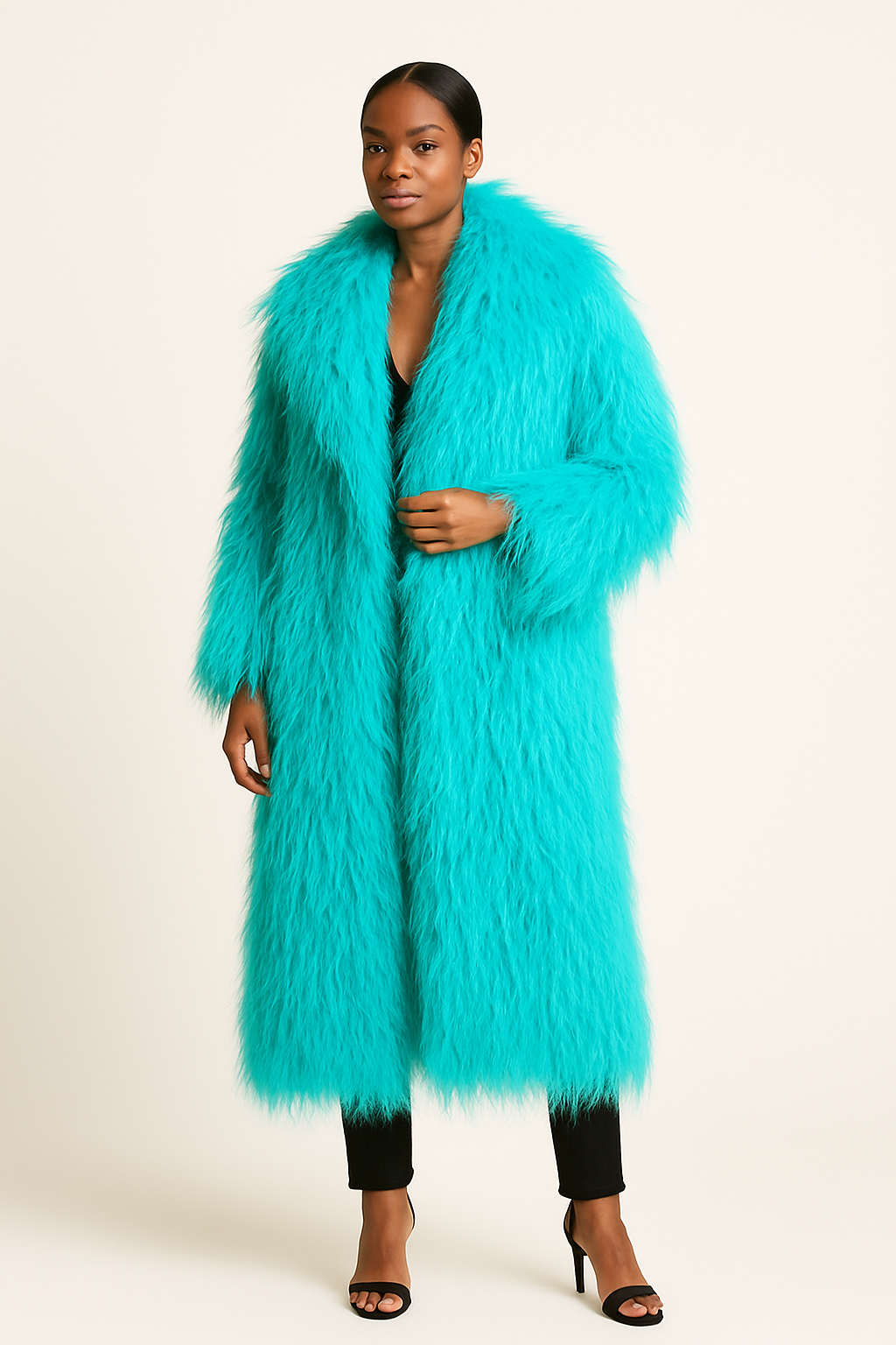 Turquoise Faux Fur Shaggy Long Coat
